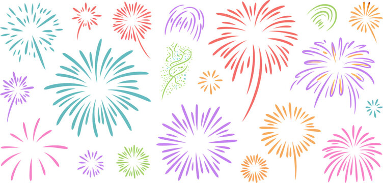 Colorful hand-drawn fireworks and abstract bursts on a white background explosion