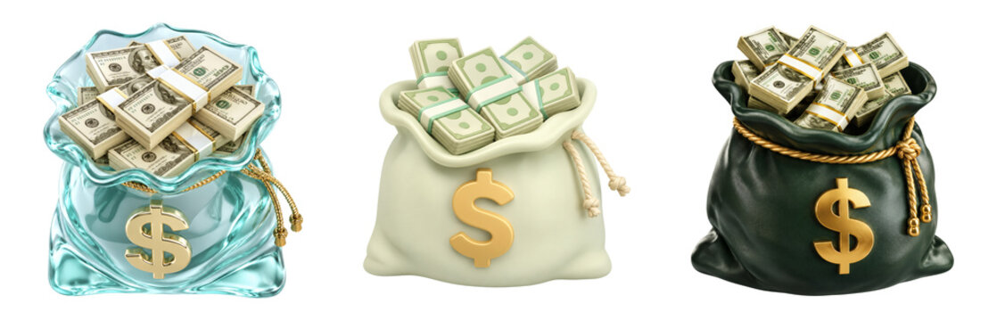 3D Money Bags Set - Glass, Canvas, and Leather Sacks Filled with Cash Dollar Bill Stacks, Golden Dollar Sign, Isolated on Transparent Background PNG