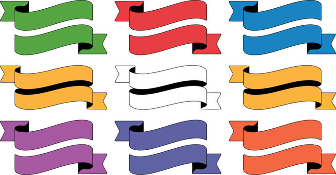 Colorful Ribbon Banners in Various Colors and Styles on White Background outline nine