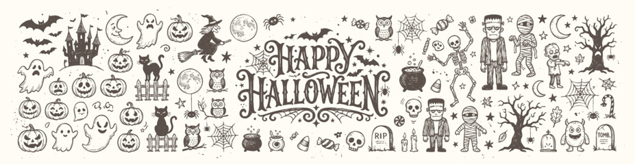 Vintage Happy Halloween greeting typography design with hand drawn holiday doodles © Avartde
