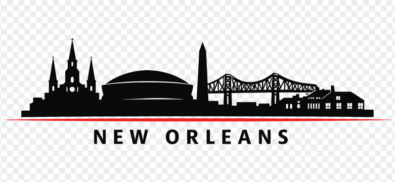 New orleans skyline silhouette with famous landmarks and text