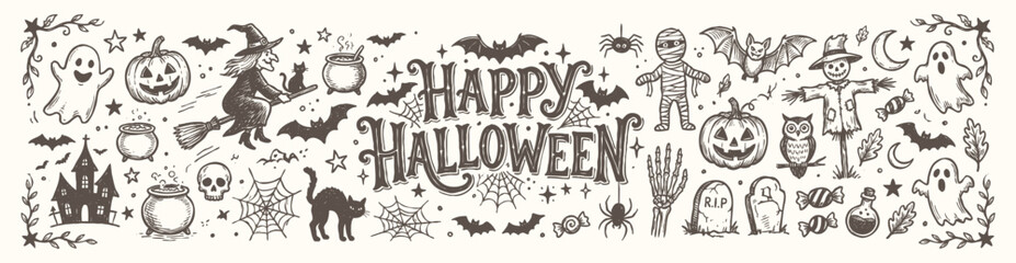 Vintage Happy Halloween greeting typography design with hand drawn holiday doodles © Avartde