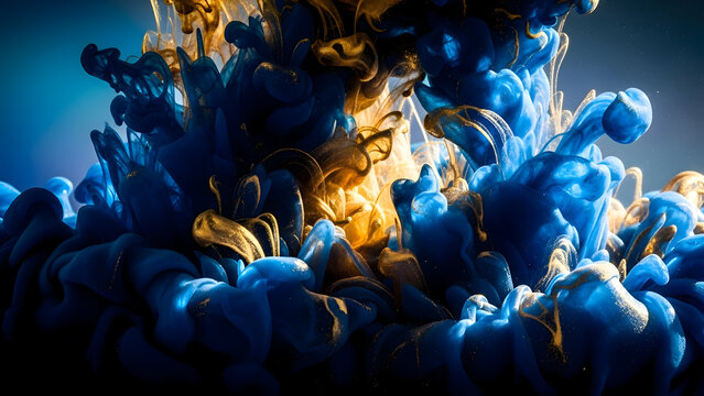 Vibrant blue and yellow ink swirling together in a mesmerizing liquid motion creating a dynamic abstract art piece with a dark gradient background