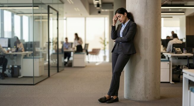 Stressed Indian corporate lawyer leaning against office pillar with eyes closed. Young businesswoman suffering from burnout and anxiety in modern workplace