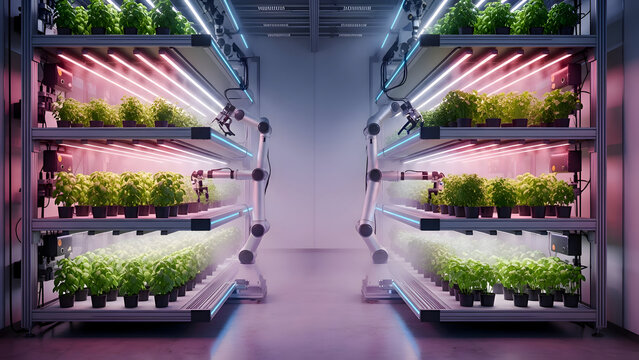 Indoor hydroponic farm with lush green plants growing under led grow lights in a modern vertical agriculture setup