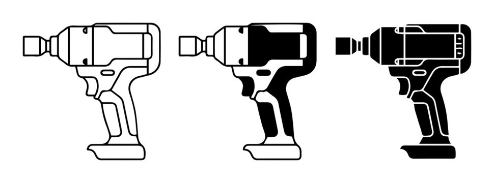 Impact Wrench Vector Icons, Black and White Tool Illustrations, Power Tool Set