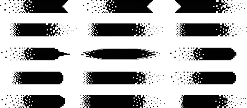 Fifteen black abstract shapes with pixelated disintegration effect vector illustration