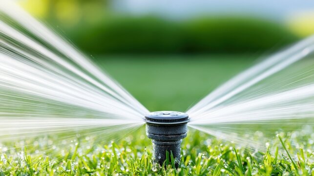 Automatic lawn sprinkler spraying water across green grass in a residential garden setting, showcasing irrigation system functionality and garden maintenance