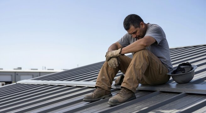 Exhausted middle aged Hispanic roofer resting on a metal roof. Tired construction worker sitting with head on knees after hard physical labor