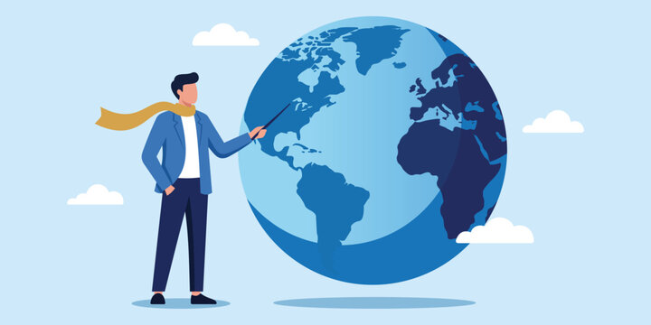 Global Teacher, World Navigator: A man in smart casual attire, wearing a yellow scarf, points with a stick towards a large, illuminated globe, representing education and global understanding.