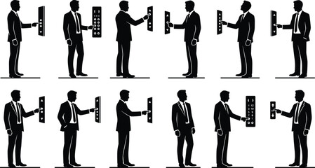 Business silhouettes pressing elevator buttons representing office activity and workplace interaction concept © SORANANDA