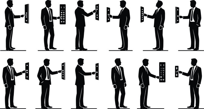 Business silhouettes pressing elevator buttons representing office activity and workplace interaction concept