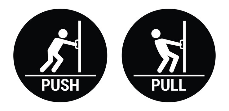 Push and pull door icons with human figures white silhouettes on black circular backgrounds action advertisement alert assistance
