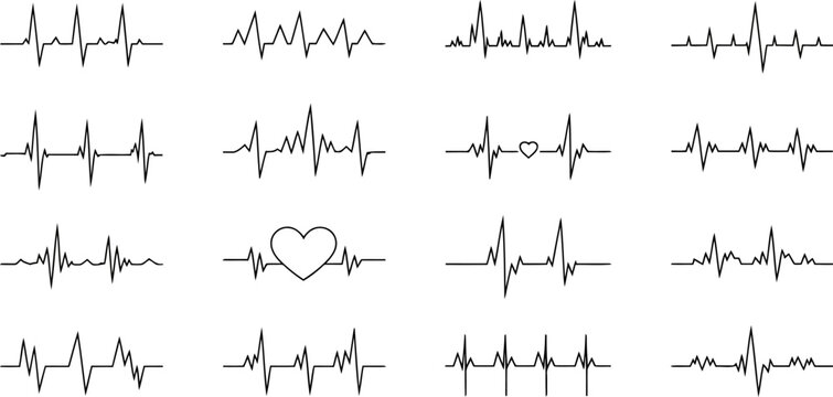 Heartbeat EKG Line Variations on White Background black pulse
