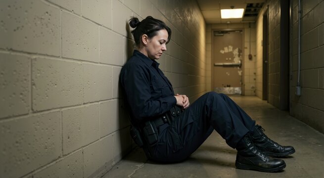 Exhausted female security officer sitting on the floor of a dim hallway. Tired woman in uniform leaning against a cinderblock wall. Hard physical labor and long shift burnout concept