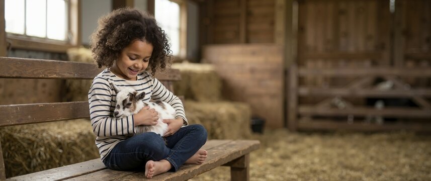 Young girl with curly hair sitting on a wooden bench holding a baby goat. Happy child gently caring for a small farm animal inside a rustic barn