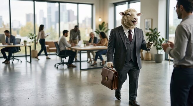 Anthropomorphic sheep wearing a tailored business suit and holding a briefcase in a modern office. Surreal corporate conformity concept with human colleagues in background