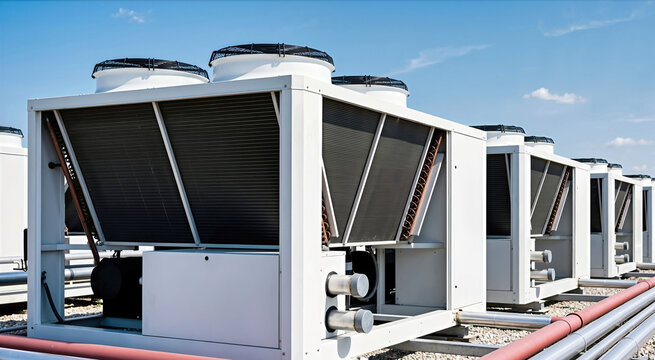Row of white rooftop air chillers with dark coils and red pipes. Commercial HVAC cooling system under a blue sky