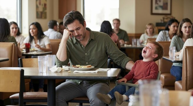 Exhausted father looking defeated with screaming child in restaurant. Tired man sitting next to crying toddler. Public meltdown and parenting stress concept