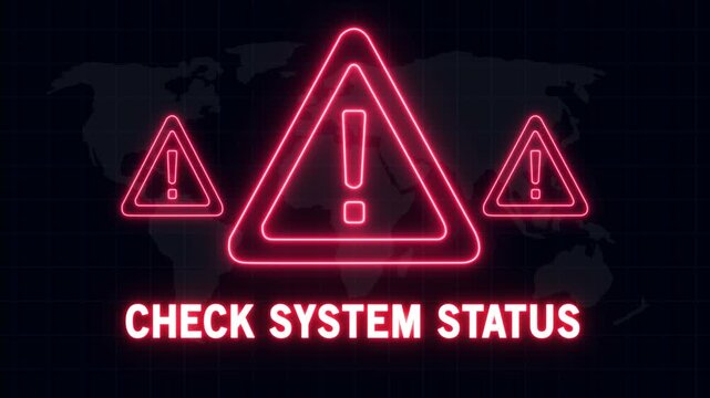 Digital warning sign with glowing neon red exclamation marks and check system status text overlay on a dark global map background, for cybersecurity, network, error, and technical, alert notifications