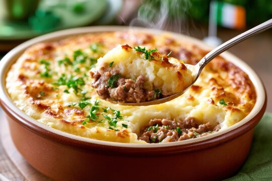 Steaming shepherd's pie in a brown ceramic bowl with a spoon lifting a portion, garnished with parsley, set against a blurred background with green accents