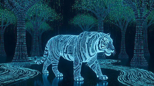 Digital blue tiger walks through a futuristic forest with circuit board design illuminated by neon light