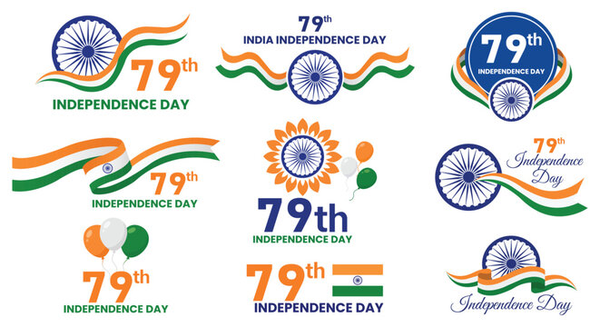 79th Indian Independence Day Collection: A vibrant collection of graphic elements celebrating the 79th Indian Independence Day, featuring the national flag colors, Ashoka Chakra.