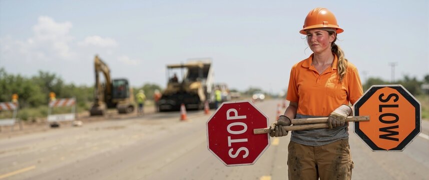 Young Caucasian female road worker holding stop and slow signs on hot day. Tired woman flagger at highway construction site during summer heatwave