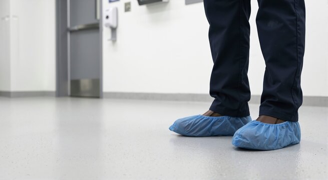 Blue disposable safety shoe covers on a person standing on a clean floor. Protective footwear in a sterile hospital or laboratory environment