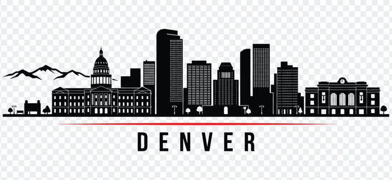 Denver colorado skyline silhouette with mountains and famous buildings