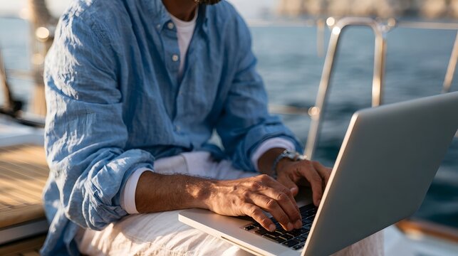 A person is typing on a laptop computer while seated on the deck of a boat with water and railings visible