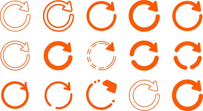 Set of orange circular arrow icons on a white background collection counterclockwise