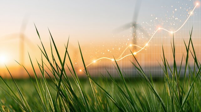 Renewable energy data analytics concept featuring green grass in foreground with wind turbines and a rising graph line against a sunset background