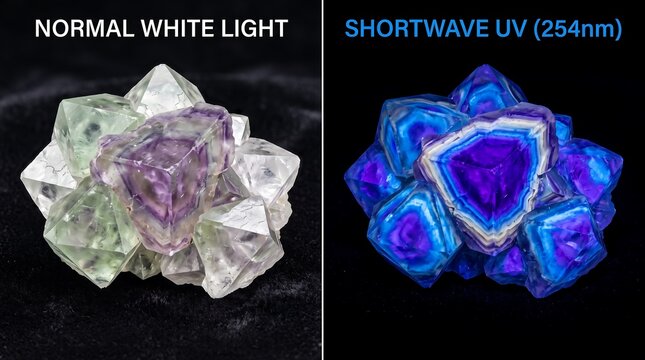 Fluorite Crystal UV Fluorescence Octahedral Mineral Science Normal UV Light Compare