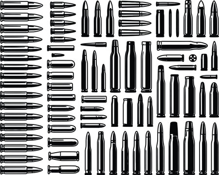 Ammunition collection diverse cartridge types in black and white illustration