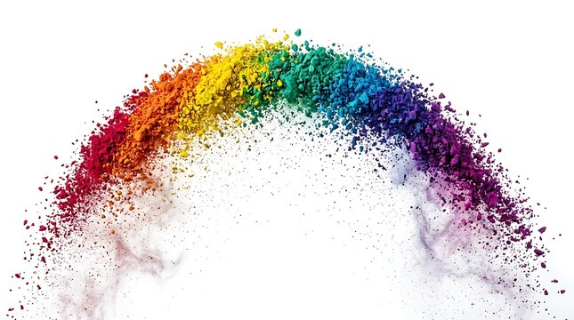 Rainbow powder art explosion against white background with rainbow colors, colorful explosion