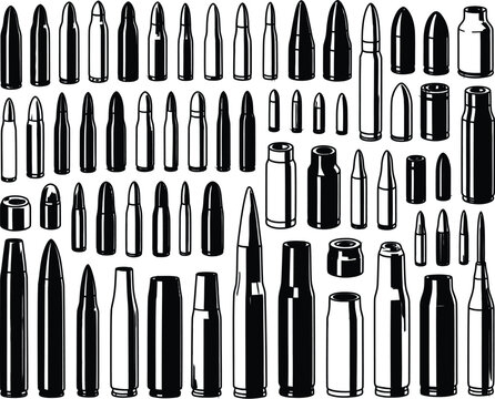 A collection of firearm ammunition and cartridge illustrations in black and white