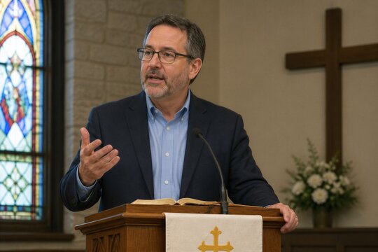 Man speaking from pulpit during church service inside sanctuary