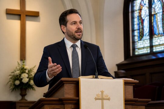 Religious leader speaking at pulpit inside church sanctuary