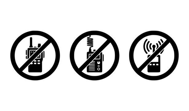 Black and white no signal jammer prohibition icon set with three wireless interference restriction symbols isolated on white background