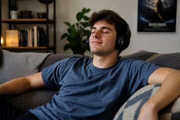 Obraz premium Young man relaxing with headphones on living room couch