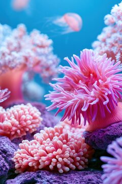 Neon lit coral reef aquarium featuring vibrant pink corals and purple rock formations, with jellyfish swimming gracefully in the background
