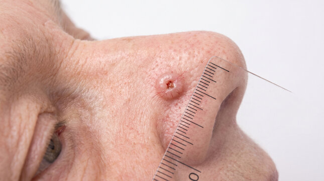 Nose with basal cell carcinoma showing pearlescent rolled edge nodule with ulceration on nasal bridge, skin cancer dermatology clinical concept