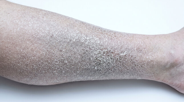 Leg skin with ichthyosis vulgaris showing fish scale pattern dry scaly skin grey white flakes, hereditary keratinization disorder dermatology concept