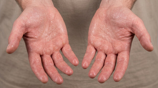 Close-up of sweating palms with hyperhidrosis showing excessive moisture and sweat droplets, palmar hyperhidrosis skin condition medical concept