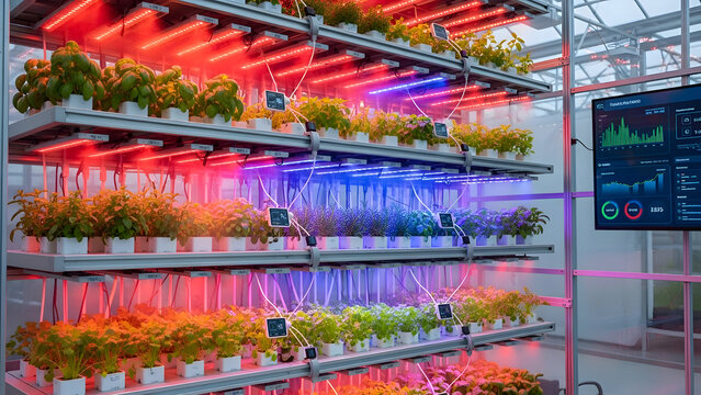 Indoor hydroponic farm with plants growing under colorful led grow lights and monitoring screen