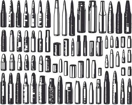 Hand drawn bullet collection ammunition variety for tactical and historical designs