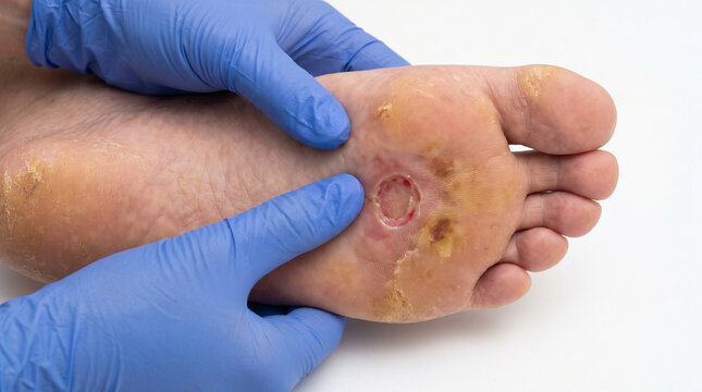 Medical examination of diabetic foot ulcer showing wound on plantar surface with gloved hands, diabetes complication wound care medical concept