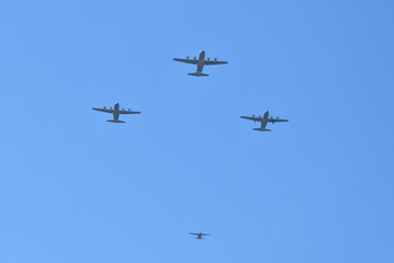 Fototapeta premium French Air Force aircraft formation during Bastille Day rehearsal in Paris, France, July 9, 2026