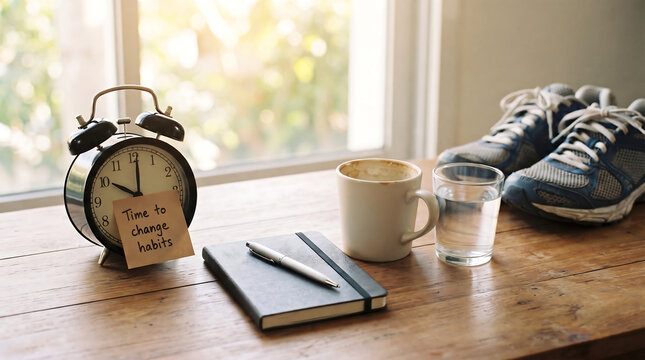 Lifestyle composition featuring vintage clock with note about changing habits notebook coffee glass water and sneakers on wooden surface for motivational healthy morning set.